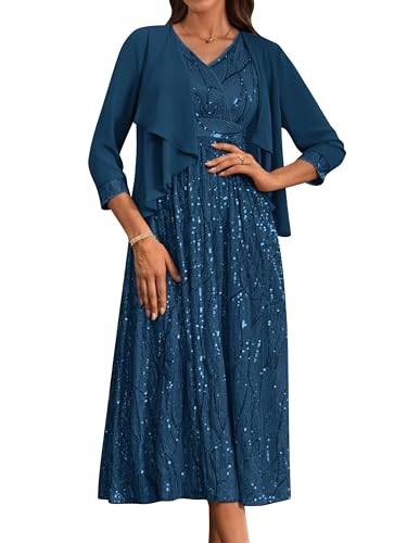 Damen Vintage Pailletten Ärmelloses Abendkleid V-Ausschnitt Elegant Zweiteiliger Cocktailkleid Chiffon Festliche Brautjungfernkleid Grün Blau 36 von GRACE KARIN