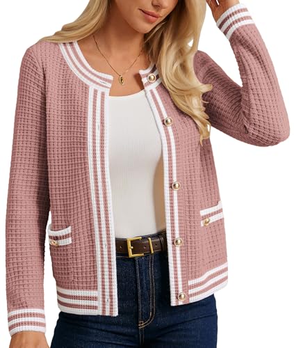 GRACE KARIN Damen Vintage Strickjacke Elegante Langarm Rundhals mit Taschen Cardigan XXL Rosa von GRACE KARIN