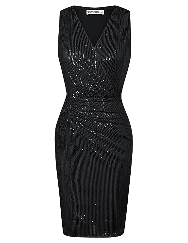 GRACE KARIN Damen Vintage V-Ausschnitt Knielang Kleid Elegant Ärmelloses Spaghettiträger Sparkle Shimmer Bleistiftkleid Party Cocktail Jumpsuit Schwarz-Pailletten M von GRACE KARIN