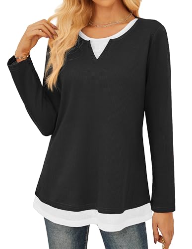 GRACE KARIN Damen Waffeltextur T-Shirt Langarm Rundhals Kontrastfarben Oberteil Freizeit Bluse Schwarz L von GRACE KARIN