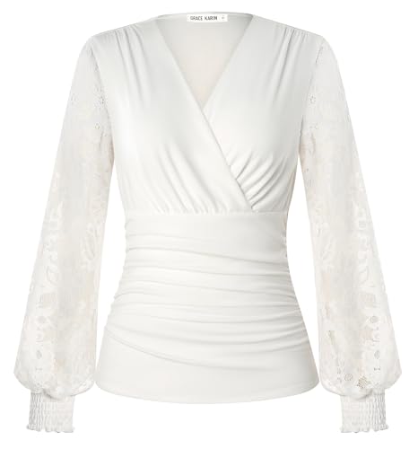 GRACE KARIN Damen Weiche Elastiche Tops 2025 Herbst Winter Party Bluse Slim Fit Korsett Cocktailparty Club Weiß XL von GRACE KARIN