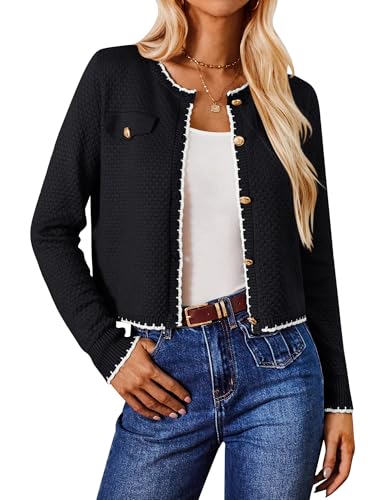 Damen Weiße Langarm Strickjacke Business Büro Jacke Weiche Gestrickt Cardigan Runhals Vintage Schulterjacke mit Knöpfen Schwarz XL von GRACE KARIN