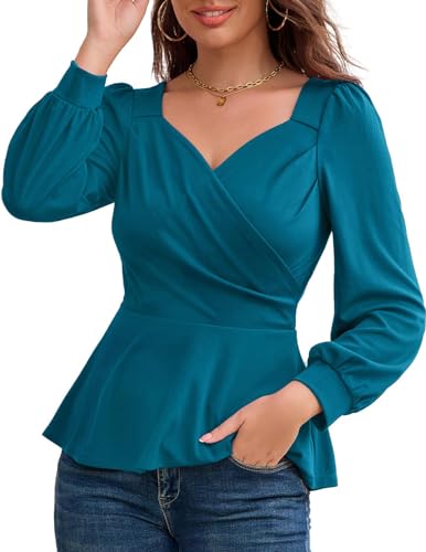 GRACE KARIN Damen-Wickel-Top, Puffärmel, Schößchen, elegant, V-Ausschnitt, Sommer-Top, taillierte Bluse, Blau Grün-044, X-Groß von GRACE KARIN