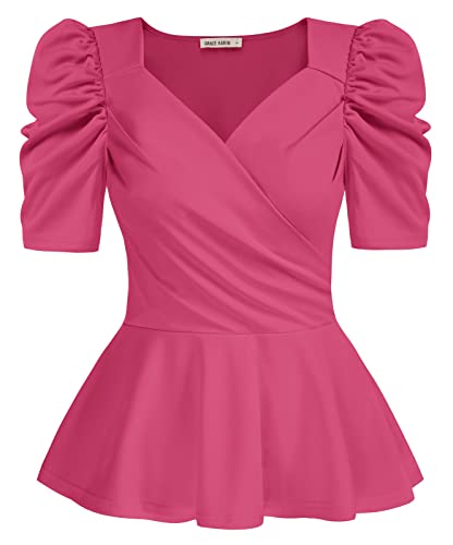 GRACE KARIN Damen-Wickel-Top, Puffärmel, Schößchen, elegant, V-Ausschnitt, Sommer-Top, taillierte Bluse, Magenta, XX-Large von GRACE KARIN