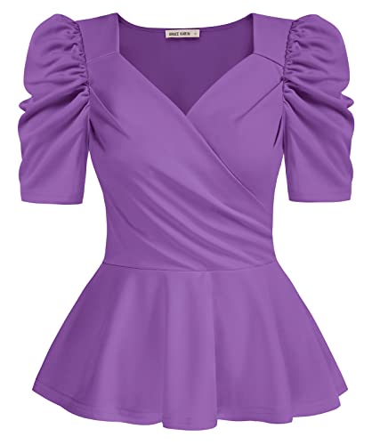 GRACE KARIN Damen-Wickel-Top, Puffärmel, Schößchen, elegant, V-Ausschnitt, Sommer-Top, taillierte Bluse, Violett, Groß von GRACE KARIN