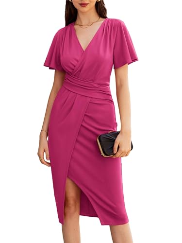 GRACE KARIN Damen Wickelkleid Slim Fit Businesskleid Kurzarm Casual Büro Kleid Vintage Brautjunferkleid Midilange Kleid Sommer Festliche Party Rosa Rot S von GRACE KARIN