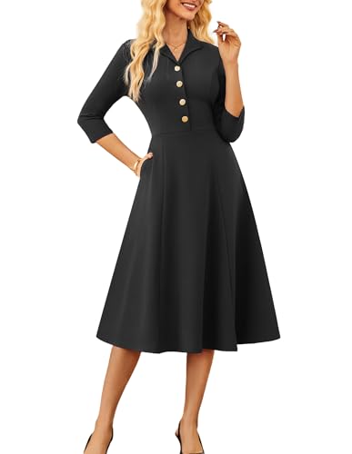 GRACE KARIN Damen Wickelkleid mit Reverskragen 3/4 Ärmel Business A-Linien Midikleid Schwarz M von GRACE KARIN