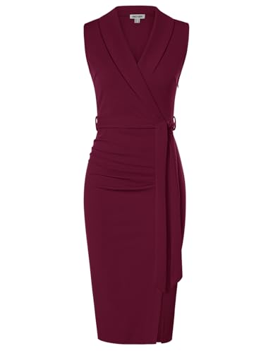 GRACE KARIN Damen Wickelkleider Hochzeit Midi Sommer Etuikleid Businesskleider Ärmellos Maxikleid Wrap Bodycon Business Kleider Dunkel Rot 46 von GRACE KARIN