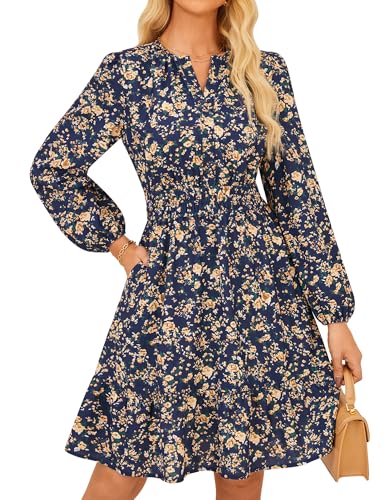 GRACE KARIN Damen Wickelkleider Langarm V-Ausschnitt Blumenmuster Freizeitkleider Marineblau Boden gelbe Rosen XXL von GRACE KARIN