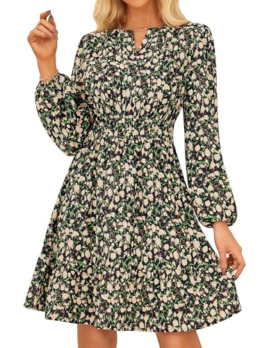 GRACE KARIN Damen Wickelkleider Langarm V-Ausschnitt Blumenmuster Freizeitkleider Schwarz Boden gelbe Blumen XXL von GRACE KARIN