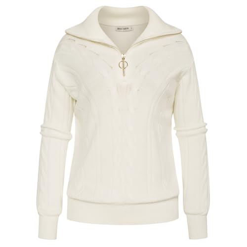 GRACE KARIN Damen-Winterpullover Reverskragen Lange Ärmel Twist-Blumen-Strickpullover Elfenbeinweiß S von GRACE KARIN