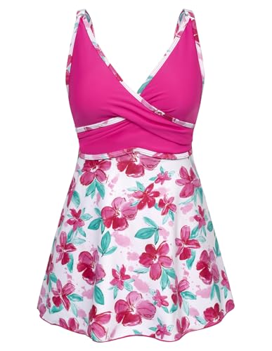 GRACE KARIN Damen Zweiteiler Badeanzug Tankini Set mit Badeshorts Beachwear Badekleid Badeanzugkleid Baderock S Weiß-Rosa Blume CL2697S24-02 von GRACE KARIN