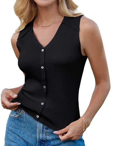 GRACE KARIN Damen ärmellos V-Ausschnitt Strickweste Knopfleiste Leichter Pullover gerippt leichtes Top für Arbeit Casual Schichtung Schwarz XL von GRACE KARIN