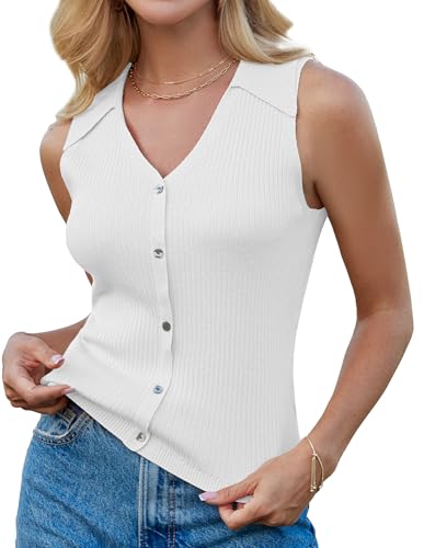 GRACE KARIN Damen ärmellose Leichter Pullover Weste V-Ausschnitt Button-Down Strickwaren Slim Fit Ribbed Weste für Büro Alltagskleidung Weiß XL von GRACE KARIN