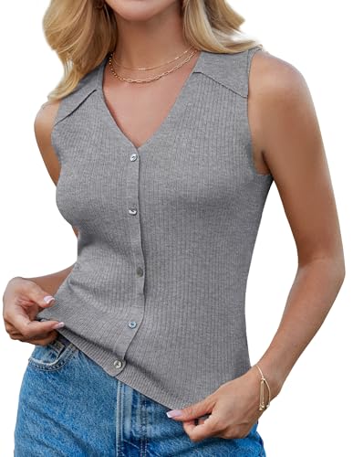 GRACE KARIN Damen ärmellose Leichter Pullover Weste V-Ausschnitt Button-Up Strickwaren Slim Fit Ribbed Weste für Frühling Sommer Herbst Winter Hellgrau M von GRACE KARIN