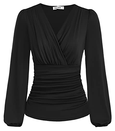 GRACE KARIN Damen geraffte Oberteile, elegante Wickelbluse, V-Ausschnitt, Laterne, lange Ärmel, schmale Passform, plissiertes Oberteil, schwarz, Mittel von GRACE KARIN