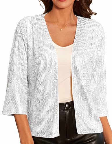 GRACE KARIN Damen kurz Leicht Jacke Mantel Pailletten-Cardigan Business Casual Cropped Pailletten-Cardiganjacke Open Front 3/4 Ärmel Strickjacke Cardigan XL Silber von GRACE KARIN