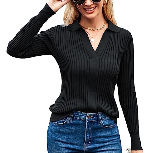 GRACE KARIN Damen lässige Tunika Einfarbig Gestrick Pullover Angenehme Weiche Langärmlig Sweatshirt Oberteile mit Geteiltem Ausschnitt Elegant XL Schwarz von GRACE KARIN