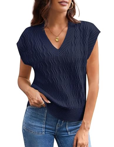GRACE KARIN Damenpullover Basic-Strickjacke Lockere Passform Flügelärmel Strickweste Tanktop Schlichter Sweatshirt-Cardigan Marineblau 2XL von GRACE KARIN