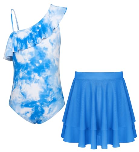 GRACE KARIN Einteiliger Badeanzug für Mädchen Kinder Schnelltrocknende Bademode Verstellbare Blau Weiß 12-14 Jahre von GRACE KARIN