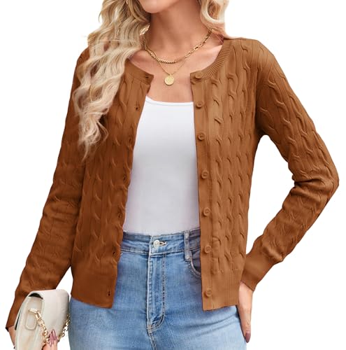 GRACE KARIN Elegant Damen Kurze Cardigan Leichte Casual Bolerojacke Strick Langarm Jacke Knopfleiste Cardigan S Braun von GRACE KARIN