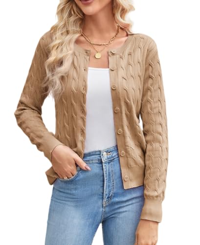 GRACE KARIN Elegant Damen Kurze Cardigan Leichte Casual Bolerojacke Strick Langarm Jacke Knopfleiste Cardigan S Coffee von GRACE KARIN