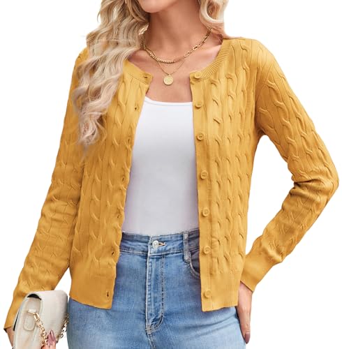 GRACE KARIN Elegant Damen Kurze Cardigan Leichte Casual Bolerojacke Strick Langarm Jacke Knopfleiste Cardigan S Gelb von GRACE KARIN