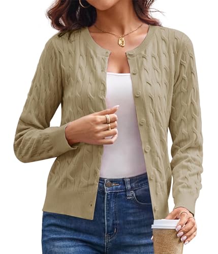 GRACE KARIN Elegant Damen Kurze Cardigan Leichte Casual Bolerojacke Strick Langarm Jacke Knopfleiste Cardigan S Khaki von GRACE KARIN