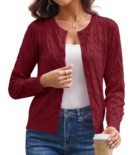 GRACE KARIN Elegant Damen Kurze Cardigan Leichte Casual Bolerojacke Strick Langarm Jacke Knopfleiste Cardigan S Rot von GRACE KARIN