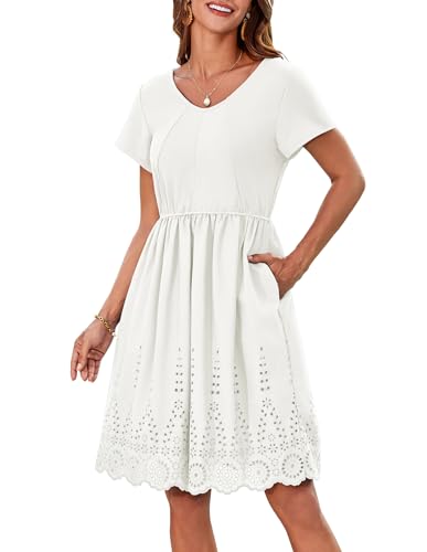 GRACE KARIN Elegant Damen Midikleid Kurzarm Sommerkleid Hochzeitsgast Kleid Party Casual Boho Shirtkleid Weiß S von GRACE KARIN