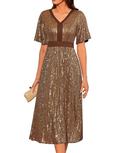 GRACE KARIN Elegant Kurzarm Abendkleid Kleid V-Ausschnitt Swing Cocktailkleid A-Linie Faltenrock Casual Freizeitkleid 2XL Goldbraun von GRACE KARIN