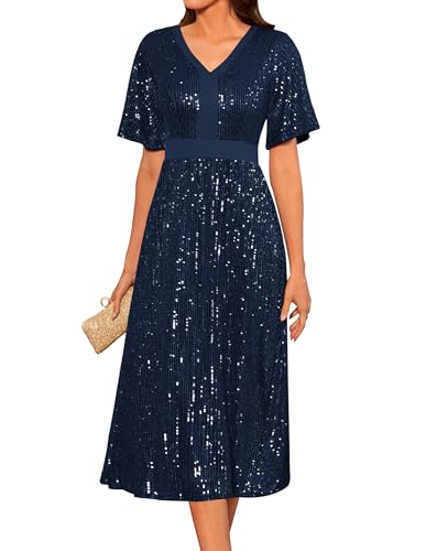 GRACE KARIN Elegant Kurzarm Abendkleid Kleid V-Ausschnitt Swing Cocktailkleid A-Linie Faltenrock Casual Freizeitkleid 2XL Marineblau von GRACE KARIN