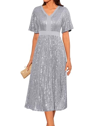 GRACE KARIN Elegant Kurzarm Abendkleid Kleid V-Ausschnitt Swing Cocktailkleid A-Linie Faltenrock Casual Freizeitkleid 2XL Silberweiß von GRACE KARIN