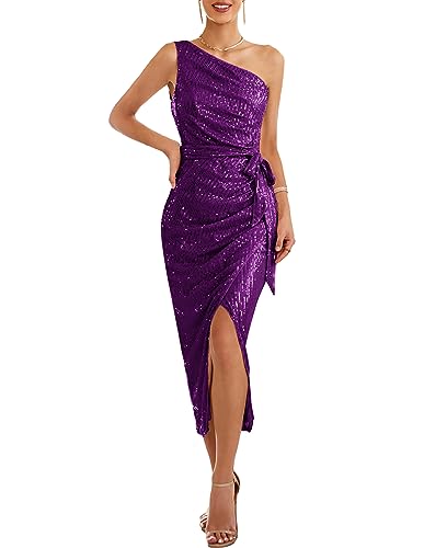 GRACE KARIN Elegant Midi Bleistiftkleid Glitzer Pailletten Partykleid mit Schlitz, Farbe: Violett, Größe: L von GRACE KARIN