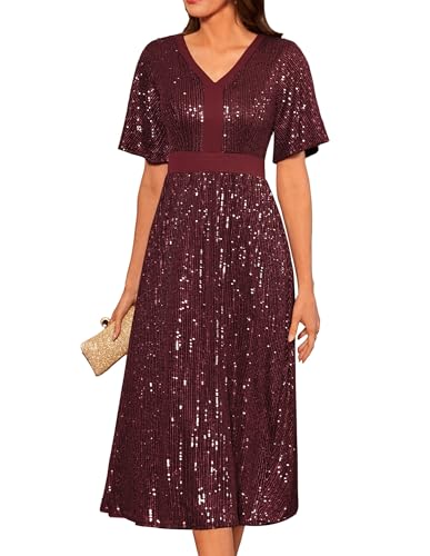 GRACE KARIN Elegant Paillettenkleid Kurzarm Abendkleid V-Ausschnitt Swing Cocktailkleid A-Linie Faltenrock Casual Freizeitkleid L Weinrot von GRACE KARIN