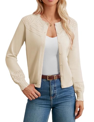 GRACE KARIN Elegant Strickjacke Damen Beige Langarm Rundhals Casual Vintage Retro Daily Strick Jacke Crop Cardigans Pullunder XXL von GRACE KARIN