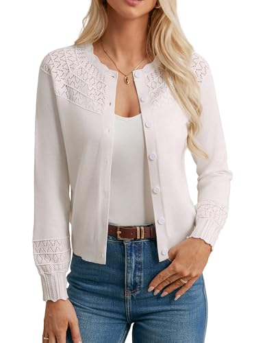 GRACE KARIN Elegant Strickjacke Damen Weiß Langarm Rundhals Casual Vintage Retro Daily Strick Jacke Crop Cardigans Pullunder XXL von GRACE KARIN