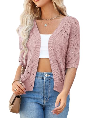 GRACE KARIN Elegante Bolero Damen V-Ausschnitt Strickjacke Casual Cardigan zum Knoten Leder Rosa S von GRACE KARIN