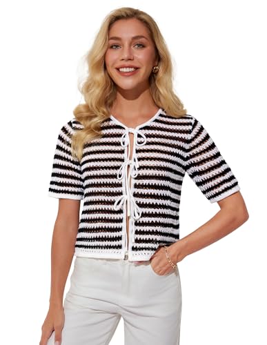 GRACE KARIN Elegante Sommer Damen Bolero Strickjacke Kurzarm Cardigan Gestreiftes Oberteil mit Schnürung Schwarz-weiße XXL von GRACE KARIN