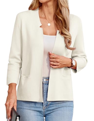 GRACE KARIN Strickjacke Weiß Damen 3/4 Ärmel Open Front Blazer Damen Elegant Business Outfit Leichte Jacke Beige L von GRACE KARIN