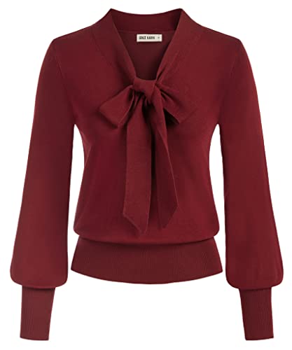 GRACE KARIN Elegantes Hemd Strickpullover Ausgehen Urlaub Pulli Casual Fliege Hals Langarmpullover Winerot M von GRACE KARIN