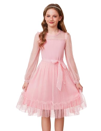 GRACE KARIN Elegantes Mädchen Partykleid Langarm A-Linien Kleid Kinderkleid mit Gürtel Hellrosa 12-13 Jahre von GRACE KARIN