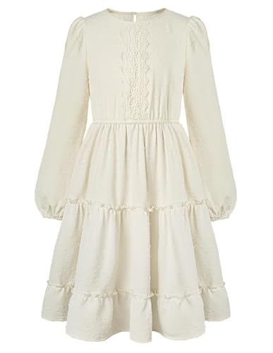 GRACE KARIN Festliche A-Linie Mädchen Kleider Rundhals Langarm Punkt Prinzessinnenkleid Casual Partykleid Elfenbein 14 Jahre von GRACE KARIN