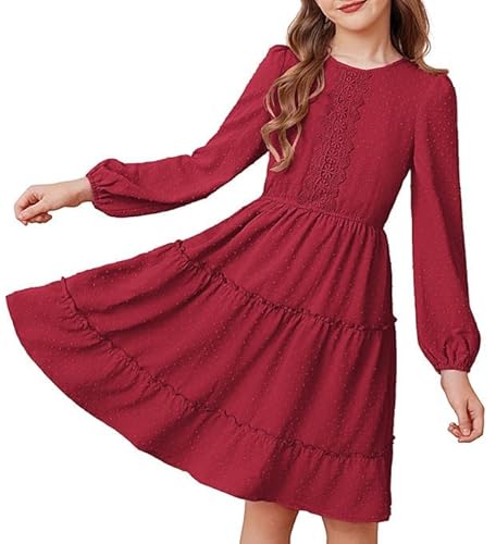 GRACE KARIN Festliche A-Linie Mädchen Kleider Rundhals Langarm Punkt Prinzessinnenkleid Casual Partykleid Weinrot 14 Jahre von GRACE KARIN