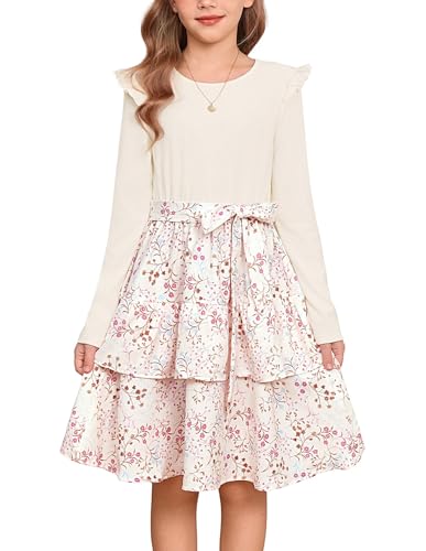 GRACE KARIN Festliche Mädchen Kleider Rundhals Langarm Blumenmuster Casual Partykleid Beige mit Blume 12Jahre von GRACE KARIN