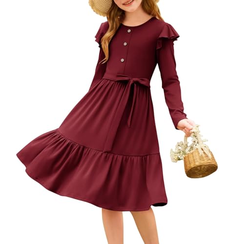 GRACE KARIN Festliche Mädchen Kleider Rundhals Langarm Rüsche Casual Partykleid Weinrot 12 Jahre von GRACE KARIN