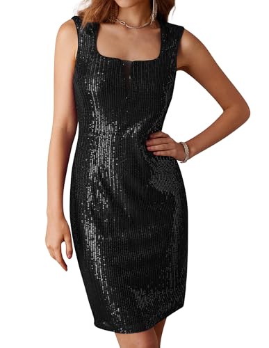GRACE KARIN Frauen Ärmelloses Pailletten Bodycon Kleid Elegantes Über Knie Bleistiftkleid für Party Schwarz 44 von GRACE KARIN