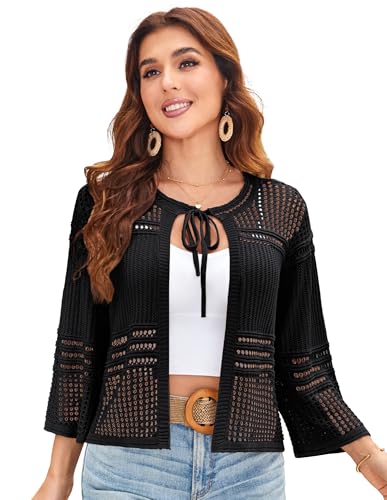 GRACE KARIN Frauen Bolero Strickjacke Durchbrochenes Design Rundhals 3/4 Arm Festlich Elegant Crop Top Schwarz L von GRACE KARIN