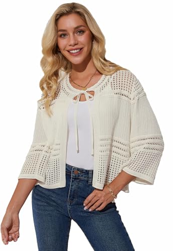GRACE KARIN Frauen Bolerojacke Strick Durchbrochenes Design 3/4 Ärmel Rundhals Elegant Crop Strickjacke Weiß XL von GRACE KARIN
