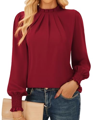 GRACE KARIN Frauen Casual Langarm Solid Farbe Party Dating Bluse Stehkragen Business Shirts Weinrot M von GRACE KARIN